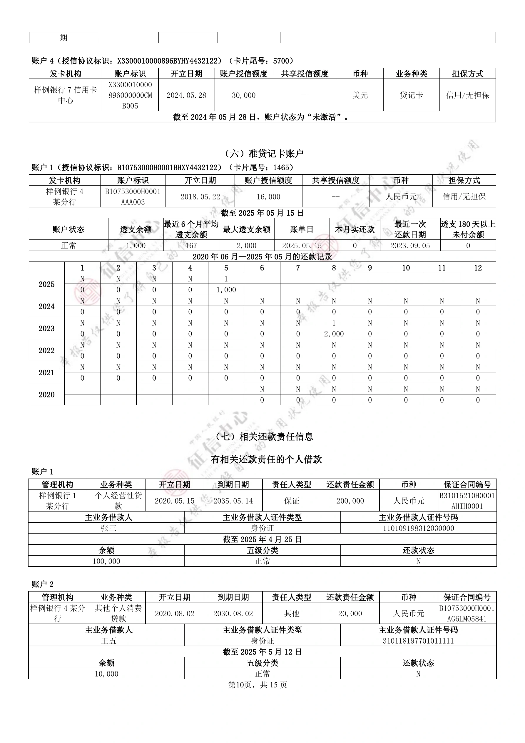 个人信用报告（本人详版）官方样本，第 10 页，共 15 页