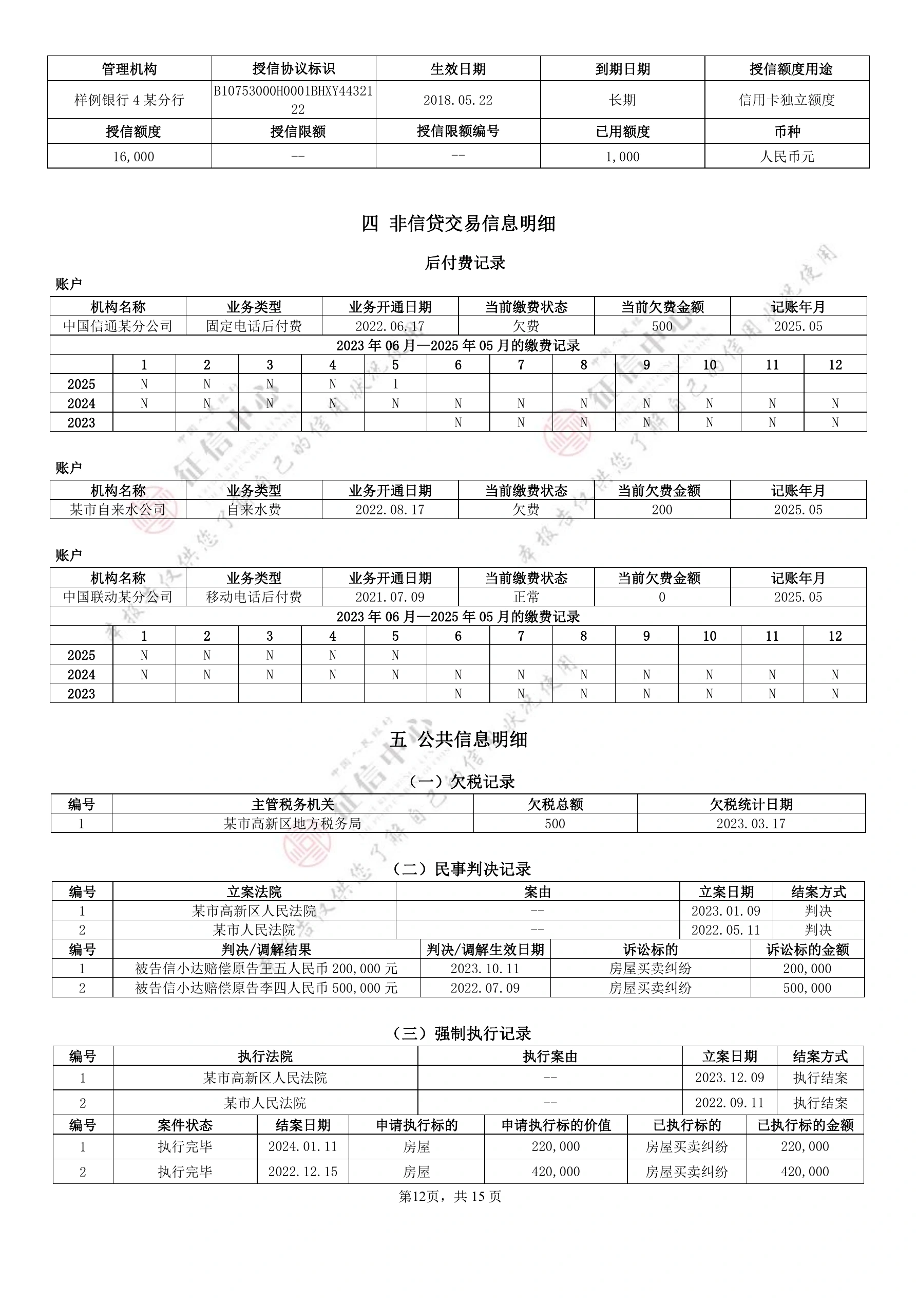 个人信用报告（本人详版）官方样本，第 12 页，共 15 页