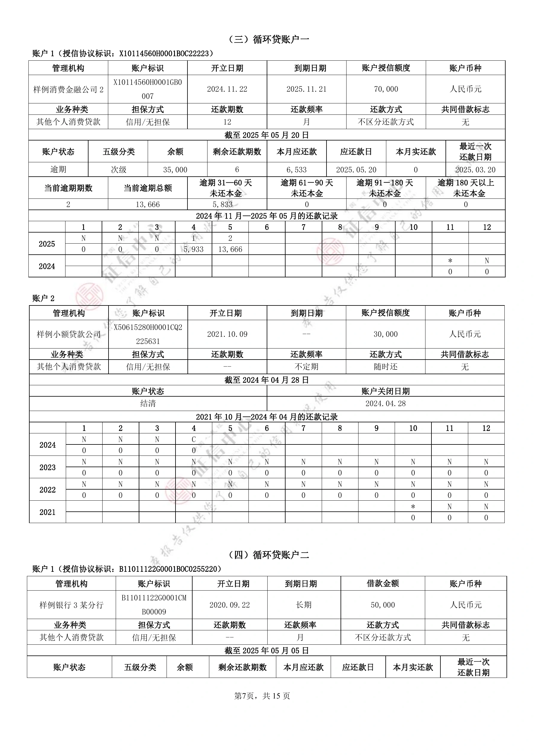 个人信用报告（本人详版）官方样本，第 7 页，共 15 页