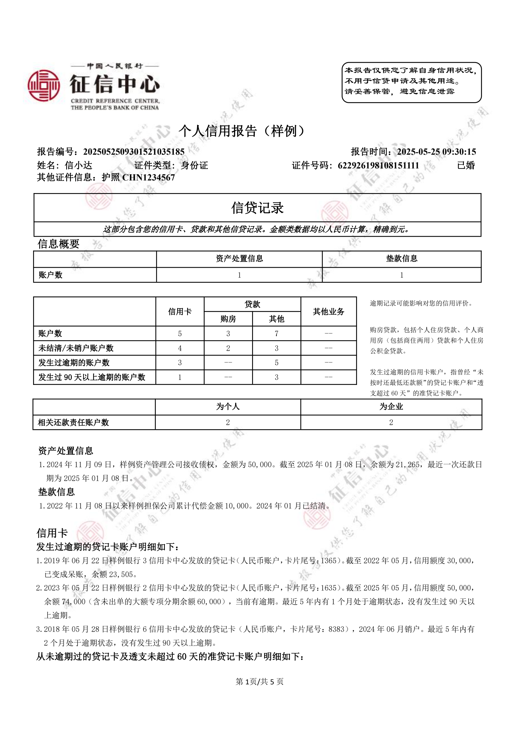 个人信用报告（本人简版）官方样本，第 1 页，共 5 页