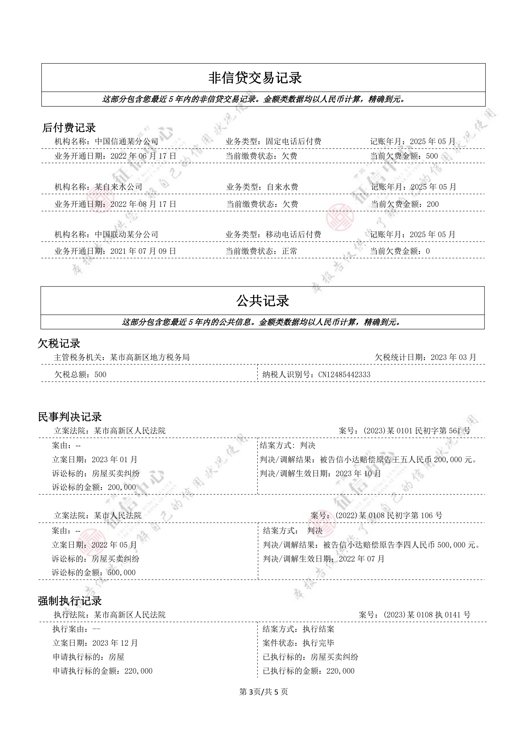 个人信用报告（本人简版）官方样本，第 3 页，共 5 页