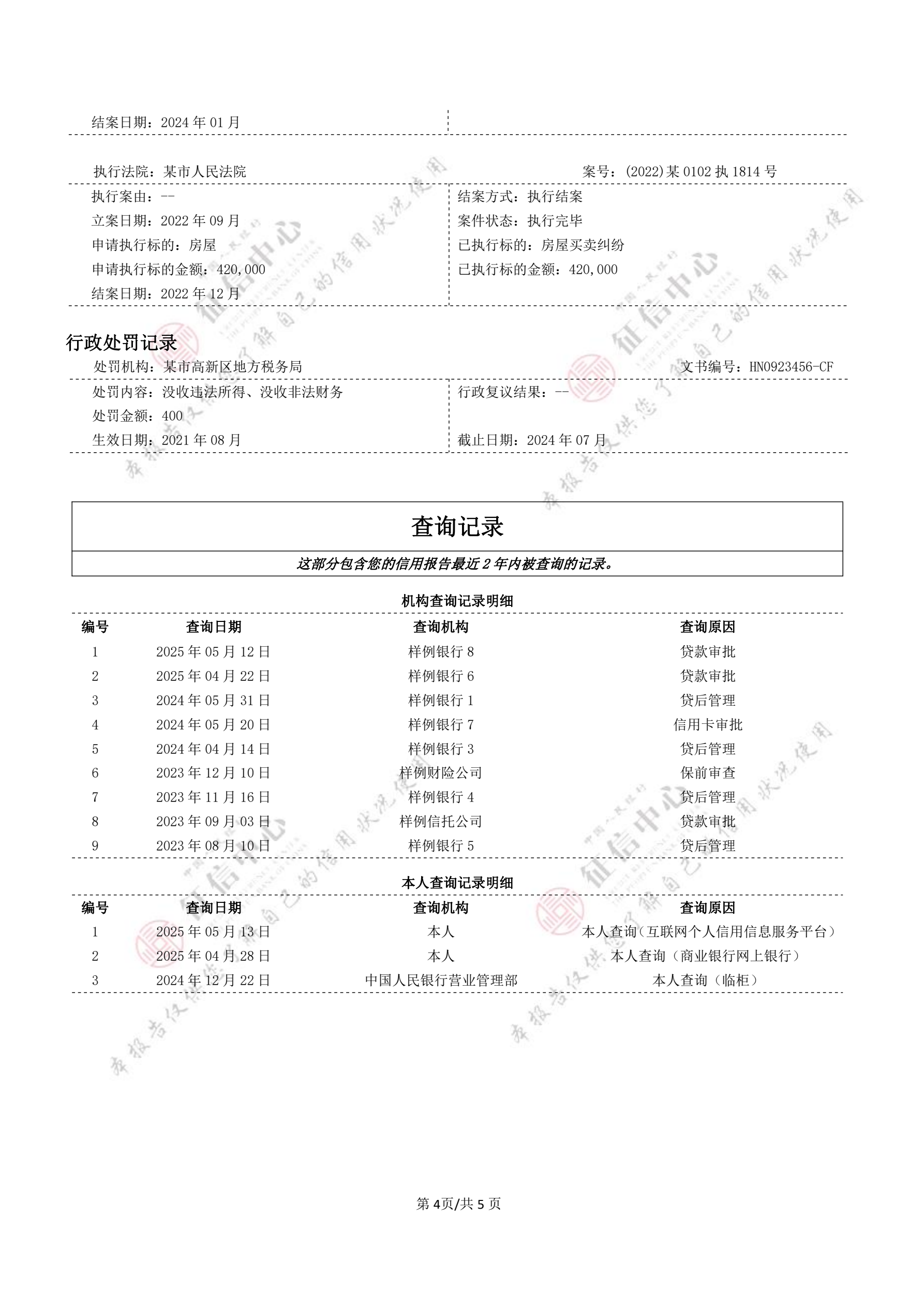 个人信用报告（本人简版）官方样本，第 4 页，共 5 页